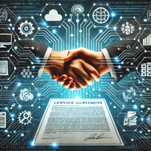 Image displaying a handshake over an IT service contract agreement.