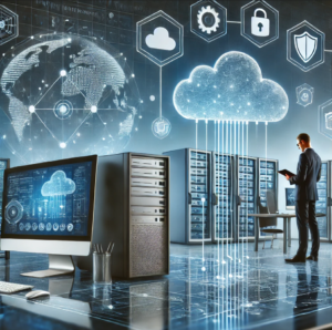 Image displaying an IT Professional standing in a network room full of servers and network equipment.