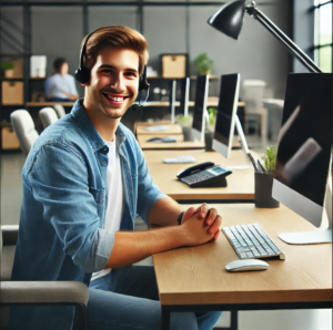 Remote IT specialist sitting at his desk assisting clients by phone.